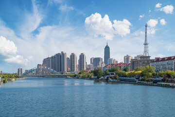 The urban architectural skyline, modern bridges, and Haihe River scenery of Tianjin, China on August 11, 2024