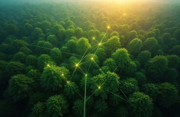 Aerial view of vibrant green forest with glowing communication lines at dawn. Concept of eco friendly digital tech, telecom, environmental protection, carbon neutrality, sustainable development,