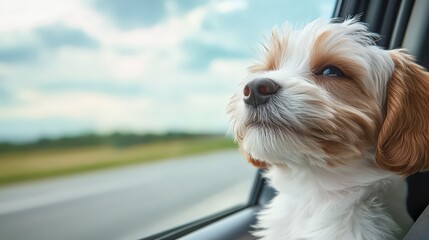 Puppy enjoys the fresh breeze while gazing out of a car window on a sunny day. Dog Appreciation Month