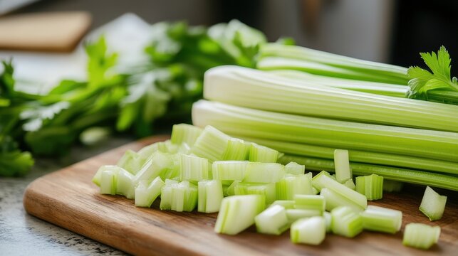 Chopping fresh celery on a wooden cutting board in a bright kitchen. National Fresh Celery Month