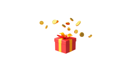 3D icon of a gift box with gold coins splashing out, white background.
