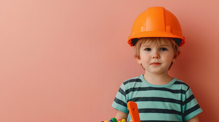 Cute Little Boy Wearing an Orange Hard Hat Playing as a Miner Holding Colorful Building Blocks Against a Pink Background