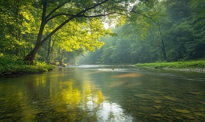 Fototapeta premium Calm River Reflection in Misty Forest at Sunrise