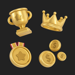 award, trophy, coin, gold, medal, 3d, object