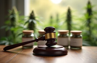 Judicial gavel on wooden desk. Blurred cannabis plants and jars with blank label in background. Concept of cannabis legalization, medical marijuana, drug law reform, courtroom verdict.