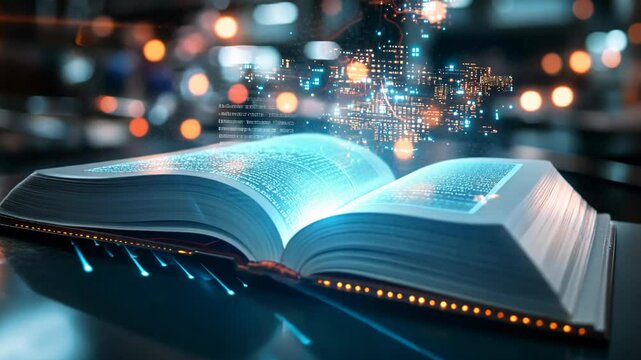 Open book with glowing virtual data streams, representing digital education, technology, and knowledge transfer in a futuristic setting
