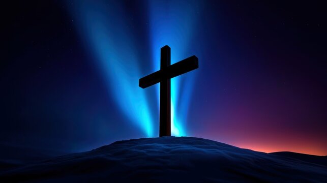 Radiant Cross Silhouette on a Hill Against Aurora Borealis Sky Spiritual Landscape Divine Illumination - Powered by Adobe