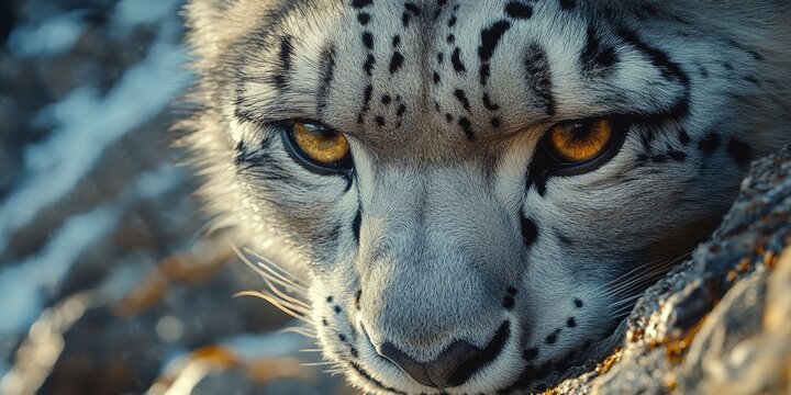 Snow leopard hiding and observing with intense golden eyes