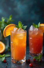 Fototapeta premium Vibrant cocktail drinks on dark blurred background. Stylish alcohol beverage with fruit garnish, ice cubes and mint leaves. Fresh summer refreshment menu, bar poster design inspiration.