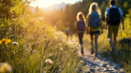 Obraz premium Family Hiking Trail Sunset Nature Walk Adventure