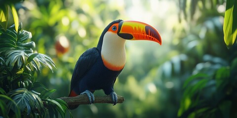 Obraz premium Toco toucan perching on branch in lush tropical rainforest