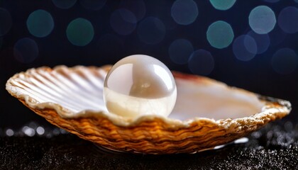 A close-up photo of a fresh water pearl on its shell with shallow depth and bokeh