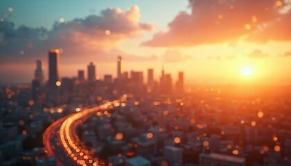 Fototapeta premium Blurred sunset city bokeh. Abstract glowing urban background. Colorful blurred skyline with modern buildings. Twilight blurry road traffic lights, highway motion and dark night scene. Travel concept.