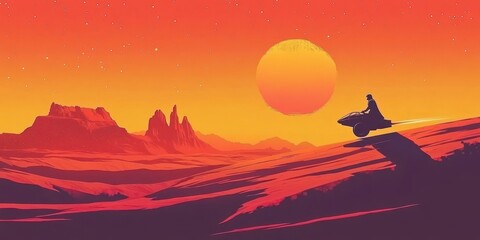 A person riding a vehicle across a desert landscape sunset