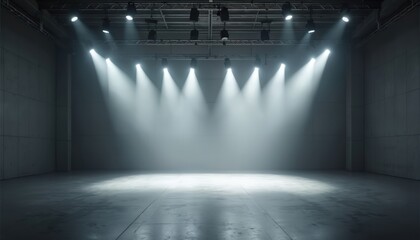 Dramatic lighting setup in spacious empty venue, perfect for events film. Modern architectural design of studio interior. Roomy space with aesthetic ambience. Cleanliness ready to arranged for visual