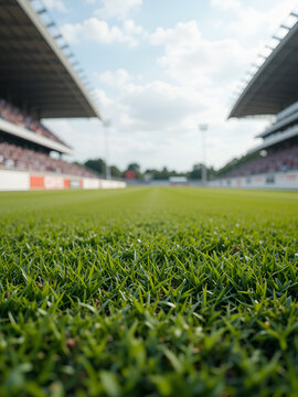 A low angle view of a green grass race track with blurred crowds and grandstands in the background.