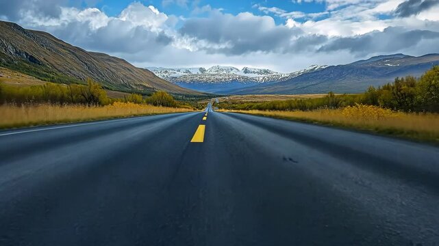 Long road with a yellow line down the middle. The road is empty and the sky is cloudy