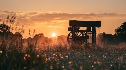 Fototapeta premium Sunrise over Dewy Field, Antique Engine