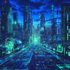 Digital technology metaverse with neon blue and green background, cyber information, abstract speed connect communication, and retro city future meta tech