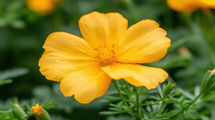 Fototapeta premium Vibrant Yellow Flower with Dew Drops Close Up