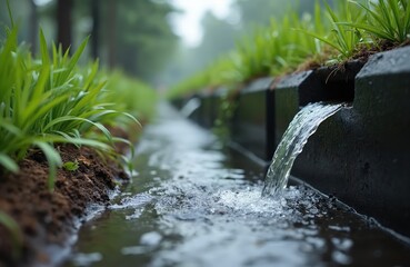 Rainwater flows into stormwater drain system with green vegetation. Urban water runoff infrastructure. Eco-friendly water management solution. Sustainable drainage systems. Preserving water quality,