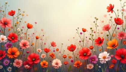 Fototapeta premium Vibrant Red and Orange Cosmos Flowers in a Sunny Meadow Summer Floral Background