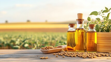 Arrangement of Soybean Oil Bottles on Rustic Wooden Table