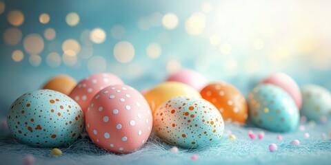 Colorful speckled Easter eggs arranged on a soft surface with glowing bokeh lights in the background