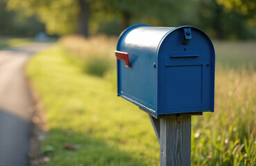 Blue metal mailbox stands near road with blurred background. Rural residential postbox for traditional paper correspondence, home mail delivery services. Postal package communications concept,