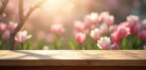 Empty wooden table before blurred spring flower garden background. For product mock-up, presentation in cafe, market, bar. Wood desk for food, flower sale, store promotion, natural floral bloom. Sun