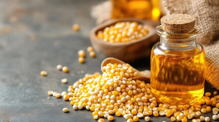 Corn Oil Bottles Displayed Alongside Fresh Kernels in Studio Setup