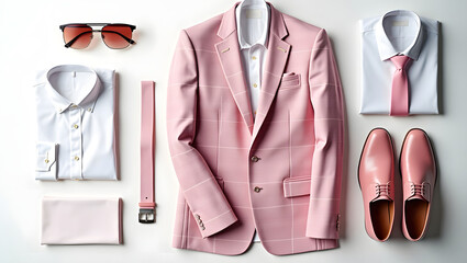 A pink plaid suit, white shirt, pink tie, pink leather shoes, a belt with a buckle, and cool sunglasses. The elements are arranged in a modern, manly style.