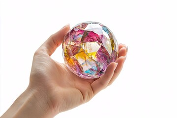 A hand gently cradles a crystal, illuminated in a studio to highlight its intricate details and reflective beauty against a white background.