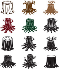 Tree stump set illustration silhouette black and color bundle