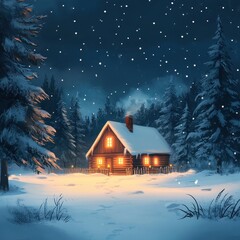 A cozy wooden cabin is nestled in the snowy winter forest