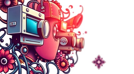 Obraz premium Colorful retro tattoo of technology related to camera, photography, video, sharp focus with bokeh blur effect on white background.