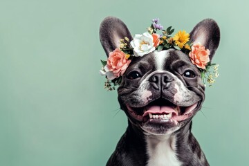 Isolated yellow background, copy space, marketing creative visual design idea. Cute baby dog dogo argentino wearing feral flower circlet on its head - symbol of sunny warm season. Professional.
