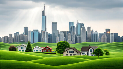 Obraz premium financial inclusionvibrant landscape transitioning from rural homes to modern skyline