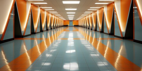 Fototapeta premium Futuristic hallway with neon lights in blue and orange creating an abstract geometric digital art 