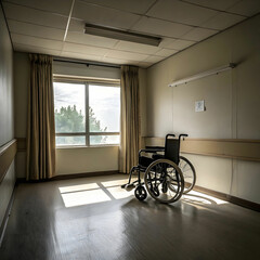 A wheelchair sits alone in an empty room of a nursing home or hospital, symbolizing care, mobility, and quiet contemplation.