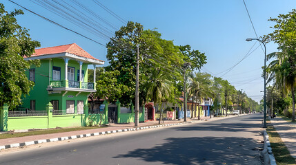 Scenic Urban Street With Colorful Buildings and Trees Under Clear Blue Sky in Daytime