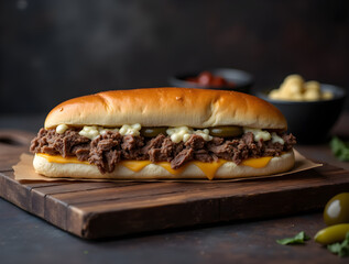 Gourmet Philly Cheesesteak Sandwich with Melted Cheese and Jalape&ntilde;os on a Soft Hoagie Roll &ndash; Rustic Food Photography