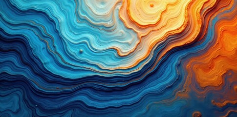 Swirling blue and orange ceramic glaze, abstract texture, enamel, handmade, design