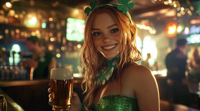 Festive St. Patrick's Day Celebration in a Lively Bar with Green Decorations and Shamrock Accessories