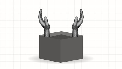 halftone collage, hands emerging from an empty box, symbolizing creativity, mystery, and escape