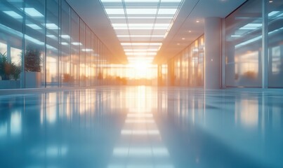 Bright and Airy Modern Office Interior with Reflections at Sunrise, Sleek Design and Abundant Natural Light Streaming Through Large Windows