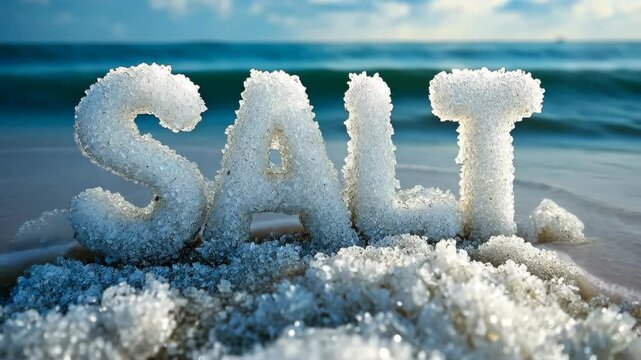 Salt is written in the snow on the beach. Concept of calm and tranquility, as the snow and salt create a serene and peaceful atmosphere. The beach setting adds to the overall mood of relaxation