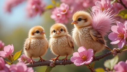 Three Adorable Baby Chickens Among Spring Blossoms