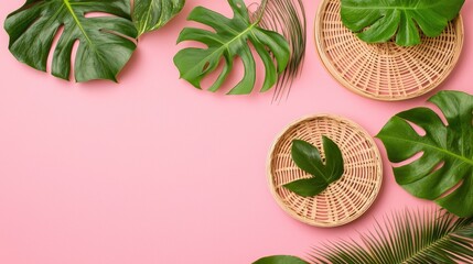 Tropical leaves, wicker baskets, pink background; summer decor, website banner