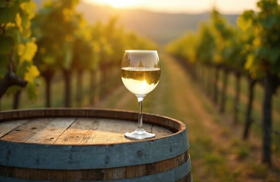 Glass of white wine sits on wooden barrel at sunset in vineyard. Wine tasting experience. Vine rows behind glass, alcohol drink in vine yard at golden hour. - Powered by Adobe